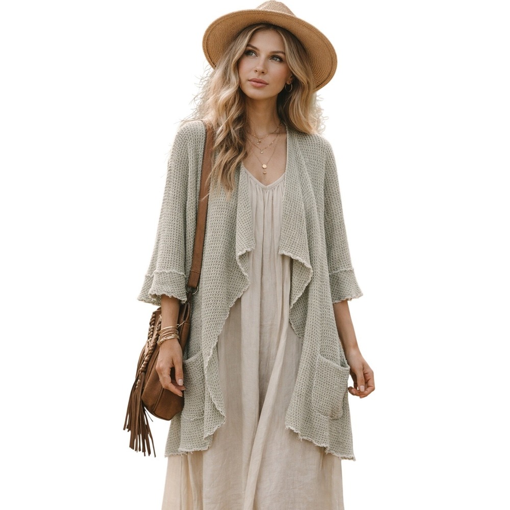 FOCUS Waffle Knit Draped Cardigan Boho Open Front Layering Top‎ size M